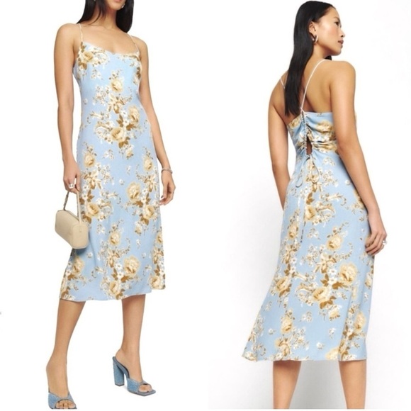 Reformation Dover Midi Slip Dress Heavenly Blue Floral - Picture 1 of 15